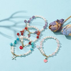 4 個 4 スタイル グレープ & アップル & ピーチ & ヒトデ合金エナメル チャーム ブレスレット セット  天然および合成の混合石チップと天然シェル ビーズの積み重ね可能なブレスレット  ミックスカラー  7-5/8~7-3/4インチ（19.3~19.8cm）  1個/スタイル&nbsp;BJEW-TA00287