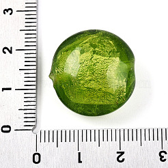 手作り銀箔ガラスベネチアンビーズ  フラットラウンド  ライムグリーン  19~21x10~12mm  穴：1~2mm&nbsp;SLF20mmY-05