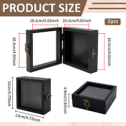 木製ジュエリーディスプレイケース  見える窓と留め具付き  正方形  ブラック  12x12x4.9cm&nbsp;CON-WH0089-223B