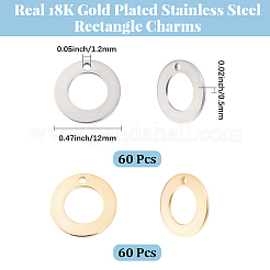 120個 2色 201ステンレススチールチャーム  リング  24KGP本金メッキ＆ステンレススチールカラー  12x0.5mm  穴：1.2mm  60個/カラー&nbsp;STAS-BC0010-54