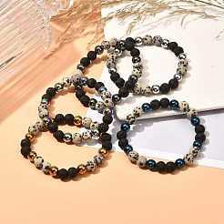 マット ストーン ラウンド ビーズ ストレッチ ブレスレット メンズ レディース  天然ダルメシアン ジャスパー & 溶岩 & 非磁性合成ヘマタイト ビーズ ブレスレット  ビーズ：8~9mm  内径：2-1/8~2-1/4インチ（5.4~5.8cm）&nbsp;BJEW-JB06875