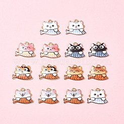 14 個 6 スタイル ラック メッキ合金エナメル ペンダント  ゴールドカラー  魚のチャームを持つ猫  ミックスカラー  18x18x3mm  穴：2mm&nbsp;FIND-FS0003-04
