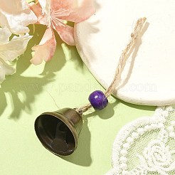 鉄の鐘の吊り飾り  家のドアの壁の装飾用の木製の丸いビーズとジュートコード  パープル  100mm&nbsp;HJEW-JM02417-05