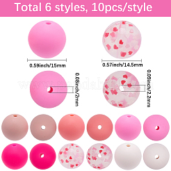 60 個 6 スタイルのシリコン焦点ビーズ  ミックスカラー  混合図形  14.5~15mm  穴：2~2.2mm  10個/スタイル&nbsp;SIL-BM0001-01