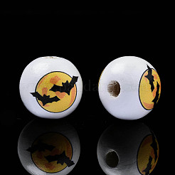 ハロウィンプリント天然木ビーズ  コウモリと丸い  ゴールド  15.5x14.5mm  穴：4mm&nbsp;X-WOOD-S057-086
