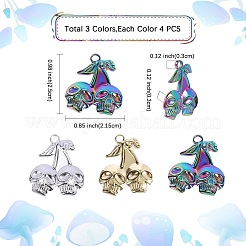 12個3色イオンプレーティング(IP)304ステンレスペンダント  スカルチャーム  ミックスカラー  25x21.5x3mm  穴：3mm  4個/カラー&nbsp;STAS-SZ0002-93