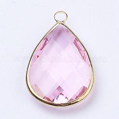 ゴールデントーン真鍮ガラスティアドロップペンダント  多面カット  パールピンク  18x10x5mm  穴：2mm&nbsp;GLAA-M006-A-15G