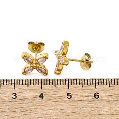 304ステンレススチールスタッドピアス  キュービックジルコニア付き  イオンプレーティング（ip）  花  ゴールドカラー  ピンク  13x13mm&nbsp;X-EJEW-C135-01G-04