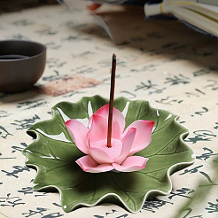 蓮の葉と蓮の花の磁器香炉  香立て  ホームオフィス茶屋禅仏教用品  ショッキングピンク  90x30mm&nbsp;DJEW-CN0001-38B