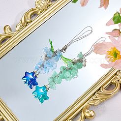 真鍮、アクリル、ガラスの携帯ストラップ  花  スター  ダークシーグリーン  163mm&nbsp;HJEW-SW00167-04