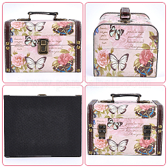 蝶プリントPUレザー製宝箱、小物入れ1個  ハンドル付き長方形  ピンク  18x14.5x12.2cm&nbsp;CON-WR0001-21