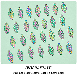 304ステンレススチールチャーム50個  葉  虹色  13x5.5x0.3mm  穴：1mm&nbsp;STAS-UN0053-25MC