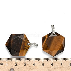 天然石タイガーアイペンダント  プラチナトーンの真鍮パーツ  多面カット  六角  28x25x9mm  穴：4x5mm&nbsp;G-E487-95J