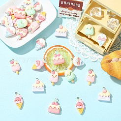 30個6スタイル不透明樹脂ペンダント  プラチナ鉄ループ付き  アイスクリームとケーキのチャーム  ミックスカラー  23~29x14.5~20x8~9.5mm  穴：1.8~2mm  5個/スタイル&nbsp;RESI-CJ0005-26