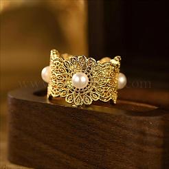ヴィンテージ真鍮製、イミテーションパール付きカフオープンリング（女性用）  花  ゴールドカラー  16mm〜18mm&nbsp;WT9420