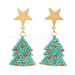 304ステンレススチール製、ガラスシリンダーシードビーズ使用のクリスマスツリー型ドロップピアス  女性のための真鍮のスタッドピアス  ゴールドカラー  グリーン  38x20mm&nbsp;EJEW-MZ00818