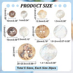 100 個 5 スタイル 2 穴天然シェルボタン  フラットラウンド  貝殻色  10~25.5x1~2mm  穴：1.6~2mm  20個/スタイル&nbsp;BUTT-PH0001-28