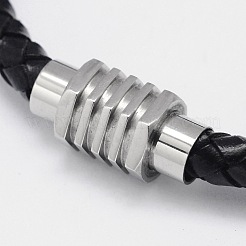 編み込みレザーコードブレスレット  304ステンレススチール製マグネット留め具付き  ブラック  200x6mm&nbsp;BJEW-I199-08