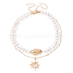 CCB プラスチック製サンペンダント 合金＆模造バロックケシパール ダブルレイヤーネックレス（女性用）  ホワイト  ゴールドカラー  14.06インチ（35.7cm）〜15.91インチ（40.4cm）  2個/セット&nbsp;NJEW-Z116-01G