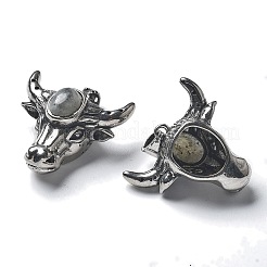 天然ラブラドライトペンダント  真鍮パーツ  鉛フリー＆カドミウムフリー  牛  27.5x30.5x15.5mm  穴：5.5x4.5mm&nbsp;G-H083-03AS-06