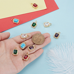真鍮ガラスチャーム10色5個  長方形  マイクロパヴェクリアキュービックジルコニアと丸カン付き  18KGP本金メッキ  多面カット  ミックスカラー  14.5x10.5x5mm  穴：3.4mm  2個/カラー&nbsp;ZIRC-GA0001-18