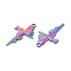 イオンプレーティング（IP）304ステンレスペンダント  バラのチャーム付きクロス  虹色  31.5x19.5x2mm  穴：2.6mm&nbsp;STAS-L020-028RC