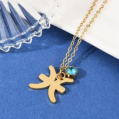 304 ステンレススチール ガラス ドリル 誕生石 星座 ペンダント ネックレス  18KGP本金メッキ  真空めっき  魚座  17.72インチ（45cm）  ペンダント：15.5x16x1.4mm&nbsp;LS-STAS-D305-08G-L