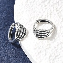 925スターリングシルバーフープピアス  スケルトンの手  アンティークシルバー  11.5x12.5x7mm&nbsp;EJEW-Z133-02AS