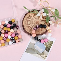 70個 10種類のプリントラウンドシリコンフォーカルビーズ  ミックスカラー  15mm  穴：2mm  7個/スタイル&nbsp;SIL-SZ0002-37