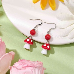 キノコと丸いプラスチックのダングルイヤリング  女性のための真鍮のアクセサリー  プラチナ  レッド  45x12.5mm&nbsp;EJEW-JE05866