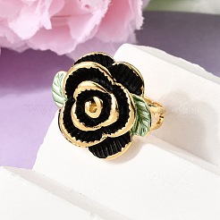 女性用304ステンレススチールエナメル指輪  花バラ  ゴールドカラー  ブラック  24x27.5mm  18mm&nbsp;RJEW-G373-01G-01
