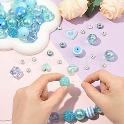DIYビーズ作りキット112個  樹脂ラインストーングラデーションビーズを含む  樹脂ビーズ  アクリルビーズ  真鍮製A級ラインストーンスペーサービーズ  樹脂粘土ラインストーンヨーロピアンビーズ  ライトブルー  8~20mm  穴：1.6~3mm&nbsp;DIY-FS0010-41