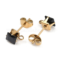 イオンプレーティング（IP）304ステンレススチールキュービックジルコニアスタッドピアス金具  正方形  ブラック  7x5.5mm  穴：1.4mm  ピン：0.8mm&nbsp;STAS-P373-06B-05