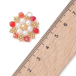 東宝ガラスシードビーズペンダント  花のチャーム  ガラス、ガラスパールビーズ、304ステンレス鋼  多面カット  レッド  21x21x4.5mm  丸カン：4x0.5ミリ  内径：3mm&nbsp;PALLOY-MZ01276-03