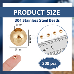 304ステンレススチールビーズ  ラウンド  ゴールドカラー  5x4.5mm  穴：1.8mm  200個/袋  1袋。&nbsp;STAS-BC0004-21C