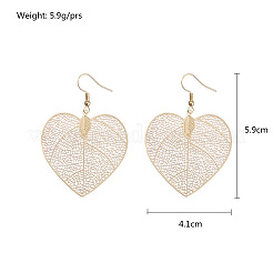 女性のための真鍮のぶら下がりイヤリング  ハート  エッチングされた金属装飾  ゴールドカラー  59x41mm&nbsp;WG7560D-02