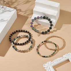 5 個 5 スタイル天然混合宝石ビーズ ストレッチ ブレスレット セット  女性のための真鍮の星のチャームの積み重ね可能なブレスレット  内径：2-1/8インチ（5.5cm）  1個/スタイル&nbsp;BJEW-JB09002