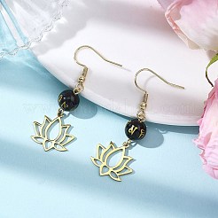 天然黒曜石の花のダングルイヤリング  304ステンレススチールイヤリング金具付き  ゴールドカラー  48.5x16.5mm&nbsp;EJEW-JE06690