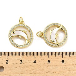 真鍮マイクロパヴェクリアキュービックジルコニアペンダント  カドミウムフリー＆鉛フリー  シェルと  丸カン  18KGP本金メッキ  イルカ  21x18x3mm  穴：3.5mm&nbsp;KK-K365-01G-03