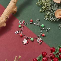 クリスマスツリー＆サンタクロース合金エナメル＆アクリルチャームブレスレット  女性のための鉄のアクセサリー  カラフル  7インチ（17.8cm）&nbsp;BJEW-JB09301