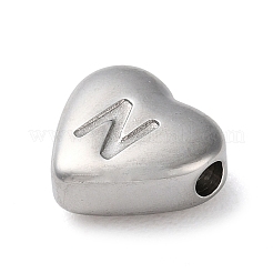 変色しない201ステンレススチールビーズ  ステンレス鋼色  ハート  文字N  7x8x3.5mm  穴：1.5mm&nbsp;LS-STAS-M335-01N-P