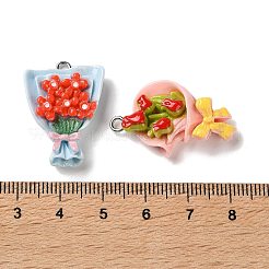 不透明樹脂ペンダント  蝶結びのチャーム付きブーケ  プラチナ鉄ループ付き  ミックスカラー  24~31x9~20.5x7~8.5mm  穴：2mm&nbsp;RESI-K050-02