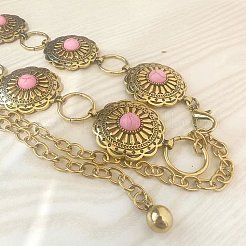エスニックスタイルの合金と染色された合成ターコイズフラワーリンクチェーン、女性用ウエストベリーチェーン  ピンク  アンティーク黄金  1100mm&nbsp;FS-WGC6A5F-01