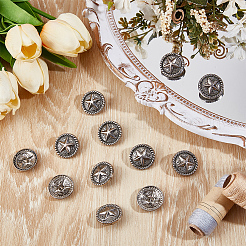 フラットラウンドシャンクボタン付き12穴合金スター1個  アンティークシルバー  25x11mm  穴：2mm&nbsp;BUTT-GF0004-29AS