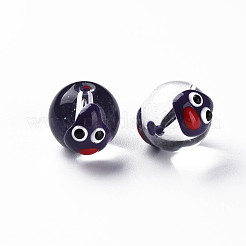 透明なガラスエナメルビーズ  手描きのビーズ  漫画とラウンド  インディゴ  13.5~14x12~12.5x11.5mm  穴：1.6~2mm&nbsp;GLAA-N049-004
