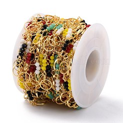 ゴールデンブラスリンクチェーン  ガラスビーズ  長持ちメッキ  スプールで  ハンダ付け  カラフル  リンク：15x3x3mm  10 m /ロール&nbsp;CHC-H103-32A-G
