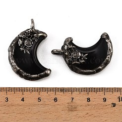天然石オブシディアンペンダント  真鍮製のベゼル付きバラの花と月のチャーム  アンティークシルバー  38x26x9mm  穴：6x4.5mm&nbsp;G-H359-05AS-02