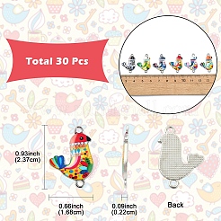 30 個 6 色プリント合金コネクタチャーム  鳥のリンク  プラチナ  ミックスカラー  23.7x16.8x2.2mm  5個/カラー&nbsp;FIND-YW0007-02