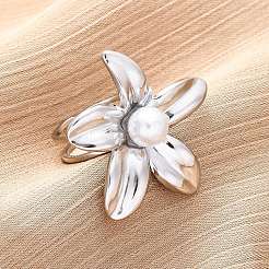 フラワー 304 ステンレススチール カフリング  プラスチック模造真珠付き  ステンレス鋼色  28.5x28mm  内径：17mm&nbsp;RJEW-D306-21P