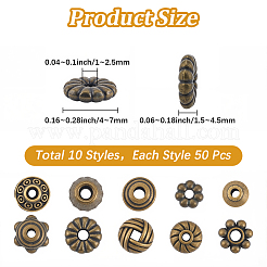 チベット風ビーズ500種類10個  混合形状  アンティークブロンズ  4~7x1~5.5mm  穴：1~2.5mm  50個/スタイル&nbsp;TIBEB-PA0001-12